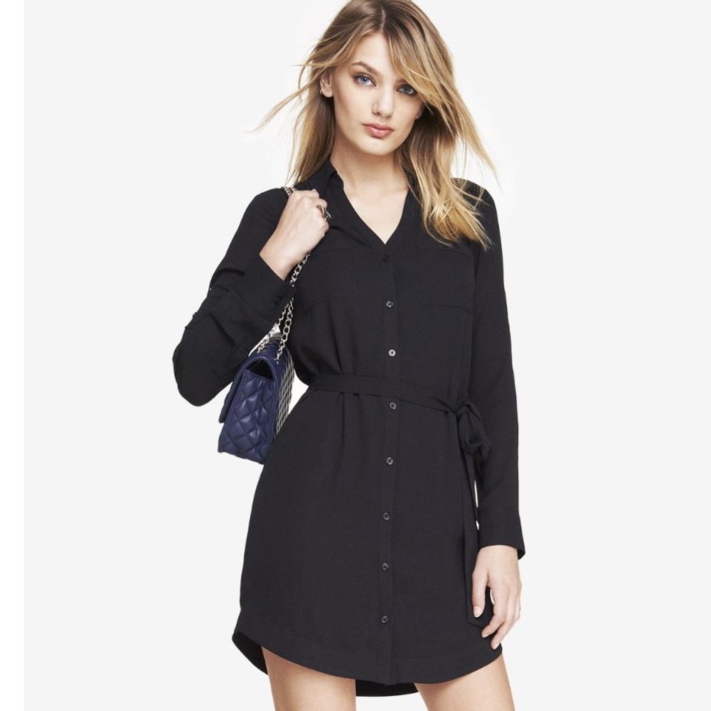 Classic Black Shirt Dress with Tie Waist - Women's Dress